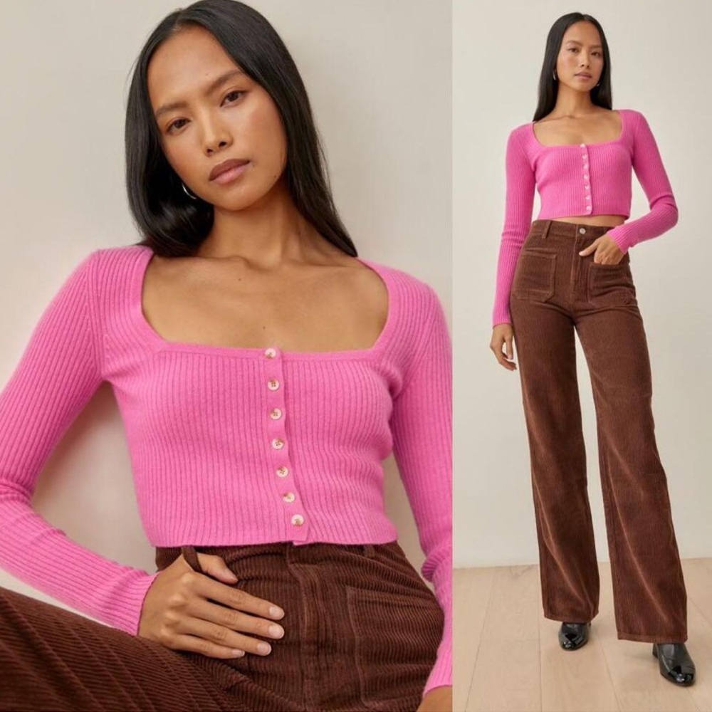 Reformation Idina Pink Snap Dragon Cashmere Crop Cardigan